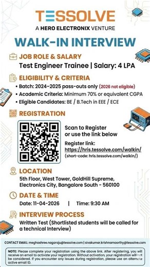 Walk-In Interview||Test Engineer Trainee ||Salary 4LPA ||2024 & 2025Passout Batch || Bangalore