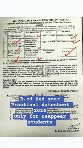 B.ed/B.ed special education 2nd year Practical datesheet 2026 Only for reappear students #exam