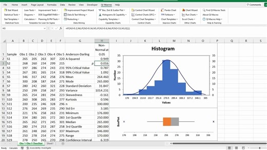 32. QI Macros Descriptive Statistics Normality Test
