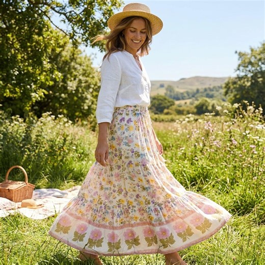 Boho Floral Cotton Midi Skirt, High Waist Beach Festival Outfit - Etsy