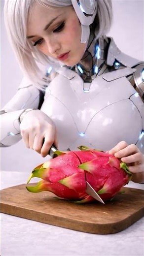 Hyper-Realistic Android Cutting Dragon Fruit