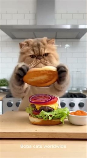 🍔 I’m Making a Cheeseburger… Cat Style! | Boba Cat’s Cooking Adventure 🐱🍴