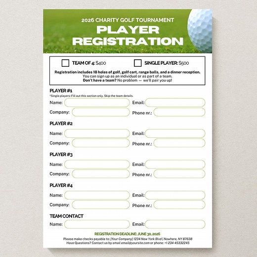Golf Tournament Player Registration Form, Canva Template, Editable Sign-up Sheet, Charity Golf Event Form Printable Instant Download DOC15 - Etsy