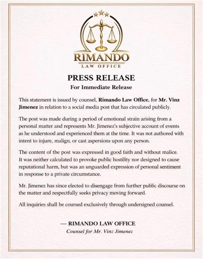 VINZ JIMENEZ’S LEGAL COUNSEL RELEASES STATEMENT AFTER VIRAL POST ACCUSING FORMER GIRLFRIEND OF CHEATING The legal counsel of Vinz Jimenez has released an official statement following his social media post that earlier went viral for exposing the alleged cheating of his then girlfriend. According to the statement, the post was made during a period of emotional strain and reflected Jimenez’s personal understanding of the situation at the time. His camp stressed that there was no intent to malign o