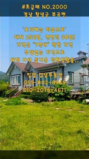 #초급매 NO.2000 "1억대" 착한가격! 포기하는 마음으로 싸게 팔아요! 대지 252평 연면적 38평 #창녕촌집 #창녕전원주택 #밀양강남부동산 #밀양촌집 #밀양전원주택 #밀양땅