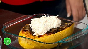 Courge spaghetti au four, crème soubise et champignons