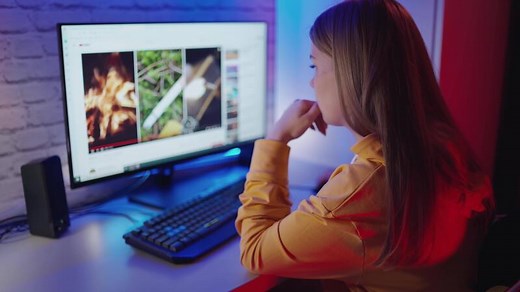Young woman watching on a computer. Side view of a concentrated girl sitting in front of the monitor at home.