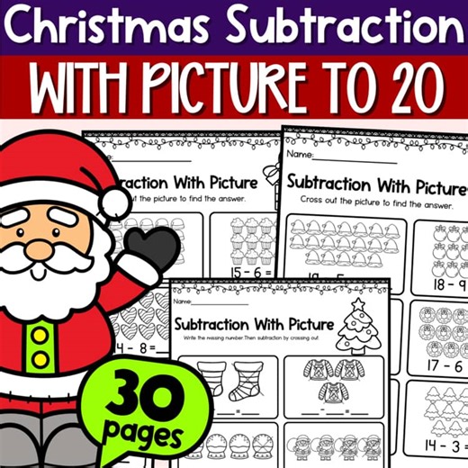 Christmas Subtraction With Picture To 20 | Subtraction Sums to 20