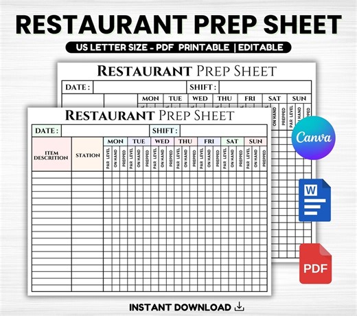 Edittable Restaurant Prep Sheet, Food Prep Chart, Food Prep Sheet, Restaurant Opening, BOH Checklist, Restaurant Prep Checklist, Restaurant - Etsy