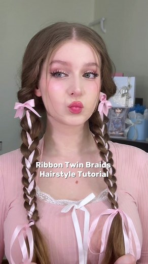 Ribbon Twin Braids Hairstyle Tutorial 🩷 Perfect for School 🎀