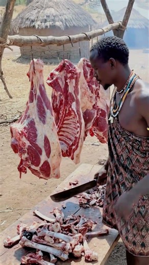 Primitive Hack: Tribe Inspects Cow Meat Before Fire! #triballife #tribalcooking #shorts