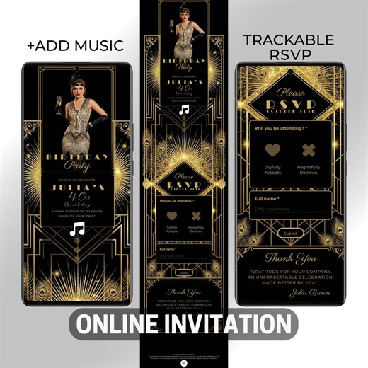 Art Deco Birthday Invitation, Roaring 20s Theme, Music & RSVP, Canva Template (digital Download) - Etsy