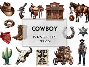 Cowboy Clipart Western Bundle 15 Wild West PNG Illustrations High Quality Rodeo Art Transparent Background Graphics Instant Digital Download - Etsy