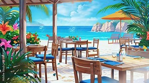 beautiful view of the restaurant with a beach background. seamless looping time lapse virtual 4k video animation background.