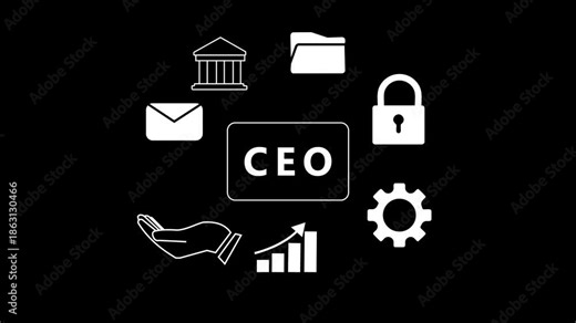 Chief Executive Officer CEO concept with financial growth chart lock folder mail envelope bank building and helping hand on black background white Keywords: CEO, Chief Executive Officer