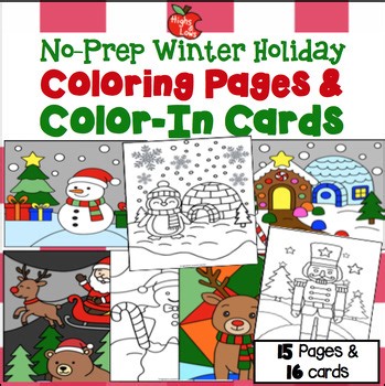No Prep Winter Holiday (Christmas) Coloring Pages & Color-In Cards