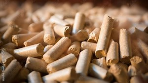 A detailed closeup showcases a towering stack of sustainably sourced wood pellets used in a biomass energy plant. The pellets, made from forest residues and dedicated energy crops, are being