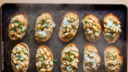 Delicious Warm White Bean and Cheese Crostini Freshly Baked on a Metal Tray.