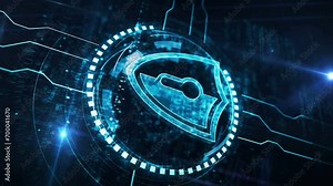 Vertical video: Cyber security computer protection with shield symbol digital concept. Network and technology and computer background abstract 3d seamless and loopable.