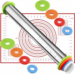 17" Stainless Steel Rolling Pin, Non-Stick Roller with Silicone Removable Rings and Baking Mat, Kitchen Bake Tools for Cooking Pizza Pie Cookies Pastries