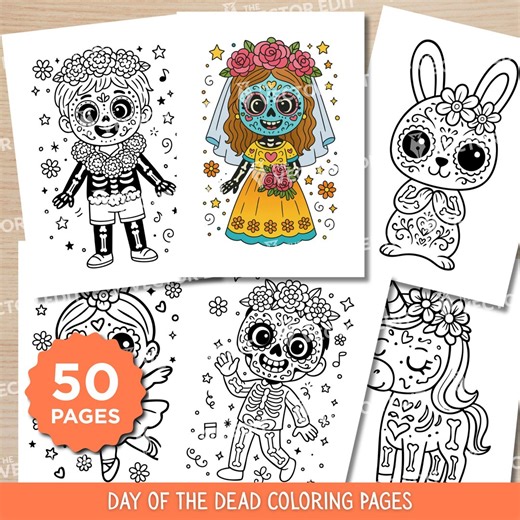 Sugar Skull Day of the Dead Coloring Pages, Cute Printable Coloring Book, Halloween Party Supplies, Fun Activity Learning Coloring Sheets - Etsy