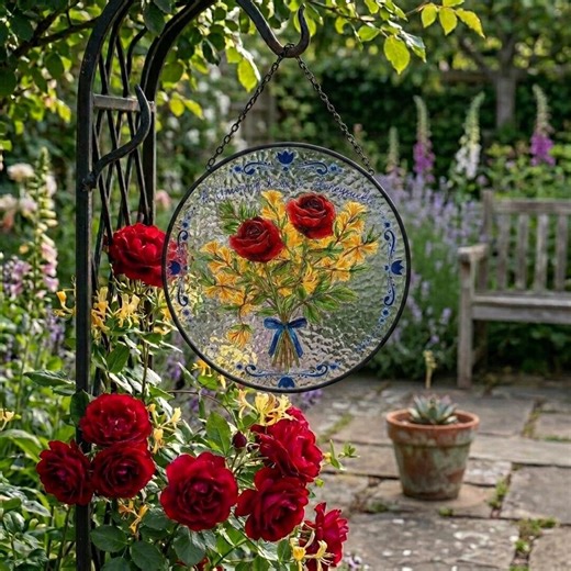 June Birth Flower Gift, Rose and Honeysuckle Stained Glass Suncatcher, Hand Painted Birthday Bouquet, Window Hanging Decor, Anniversary Gift - Etsy