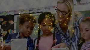 Children tapping tablets classroom, creating sparkles forming network world map as teacher guiding