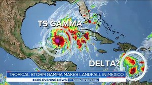 Tropical Storm Gamma struck Mexico’s Yucatan Peninsula on Saturday at near hurricane strength. The storm is expected to strengthen as it loops around the peninsula ahead of a second landfall. Gamma is the 24th named storm of the season - just 3 short of the all-time record. | CBS Evening News