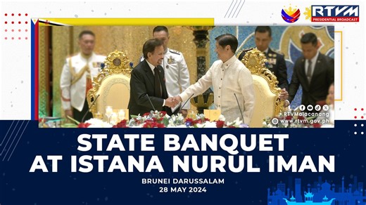 Capping off the first day of his State Visit to Brunei Darussalam, President Ferdinand R. Marcos Jr. graces a state banquet hosted by His Majesty Sultan Haji Hassanal Bolkiah at the Istana Nurul Iman on May 28, 2024. In his remarks, the President conveys his deep gratitude to His Majesty for the invitation extended to him to embark on a state visit and the kind hospitality accorded by the Royal Family and the people of Brunei to him, the First Lady and the entire Philippine delegation. “This ref
