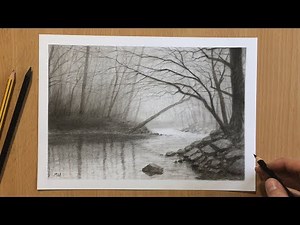 Charcoal Drawing Landscape - Tree Branches Over the River