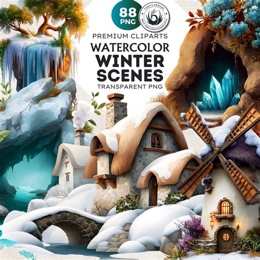 Watercolor Winter Scenes Clipart Bundle: Cozy Landscape, Snowy Cabin Illustrations (PNG, Digital Download) - Etsy