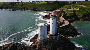 Orbiting drone movement around the charming Petit Minou lighthouse, Plouzané, Finistère, Brittany, France.