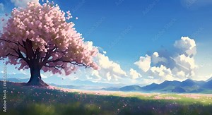 Spring background with sakura. Wide angle. Sparkling water river. Cherry blossoms tree with butterflies. Cherry blossoms rain. 4k infinite loop animation footage. Japanese anime painting style. Wide A