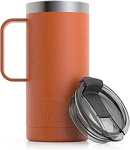 RTIC 16 oz Coffee Travel Mug with Lid and Handle, Stainless Steel Vacuum-Insulated Mugs, Leak, Spill Proof, Hot Beverage and Cold, Portable Thermal Tumbler Cup for Car, Camping, Dark Orange