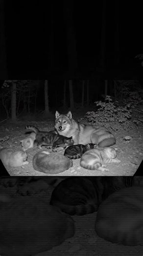 Wolf Sleeping with Cats – A Peaceful Night in the Wilderness