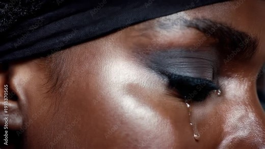 Close-up of tear rolling down a person's face, conveying sorrow, with eye in focus