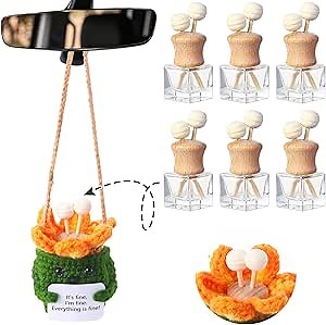 Leelosp 7 Pcs Crochet Hanging Car Air Freshener with Empty Refillable Essential Oil Diffuser Bottle Clip Knitted Potted Handmade Cute Car Interior Charm Ornament Decor Gift(8 ml,Flame)