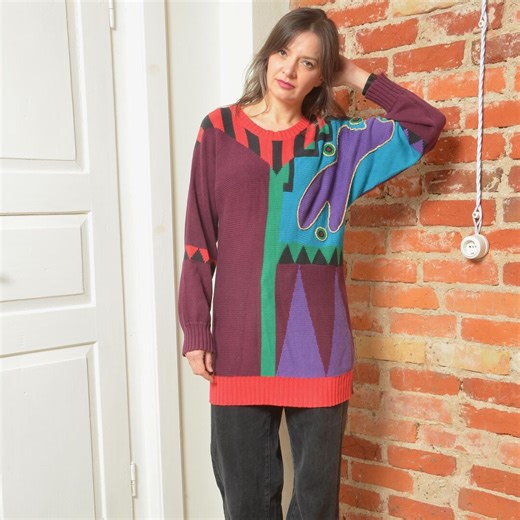 Vintage 80s Abstract Knit Sweater Colorblock Graphic Pullover Oversized Art Knit Jumper Medium - Etsy