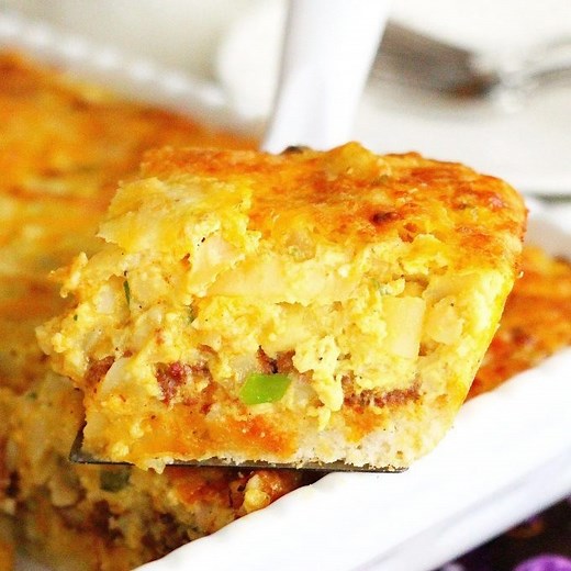 Casseroles like this Sausage Egg and Hash Brown Biscuit Bake represent breakfast comfort food at its finest. FULL recipe here: https://www.melissassouthernstylekitchen.com/sausage-egg-and-hash-brown-biscuit-bake/ | Melissa's Southern Style Kitchen