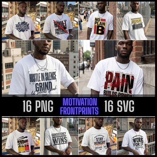 Motivation Frontprint PNG Bundle SVG Bundle – 16 Strong Quote Designs for T-shirts, Streetwear, Print on Demand - Etsy