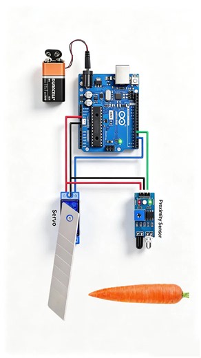 Auto-Cutting Carrot Robot Using Arduino & Servo! #Arduino #DIYElectronics #Robotics #SmartKitchen #MakerProject #STEMEducation #ServoMotor #InfraredSensor #HomeAutomation #TechHack #CuttingRobot #ArduinoUno #ElectronicsDIY #Innovation #GadgetReview https://buff.ly/f4VhRja