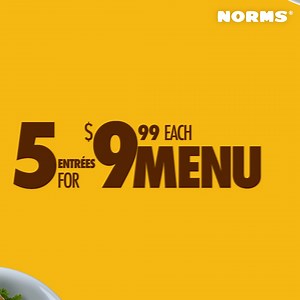 Save $ With 5 Tasty Choices At NORMS, Each Just $9.99! Enjoy A 1/2 LB Cheeseburger & Fries & Many More! Order At NORMS.com | NORMS Restaurants