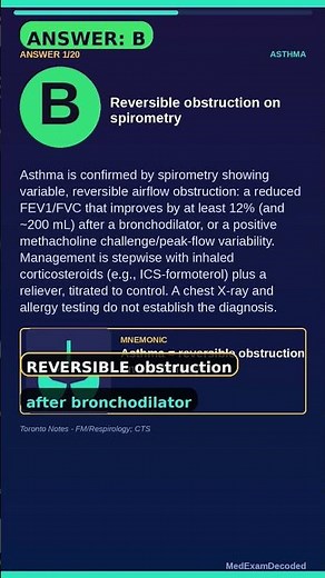 Asthma? Confirm by: Obstruction: ↓ FEV1/FVC #usmle #mccqe