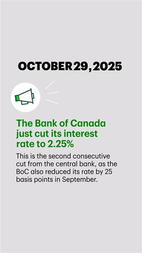 The Bank of Canada (BoC) just cut its interest rate by 25 basis points, bringing it down from 2.50% to 2.25%. This is the second consecutive cut from the central bank, as the BoC also reduced its rate by 25 basis points in September. Read more about how this rate cut could affect you: https://go.td.com/3JiFZVb -- La Banque du Canada (BdC) vient de réduire son taux de financement de 25 points de base (pdb) pour le faire passer de 2,50 % à 2,25 %. Il s’agit d’une deuxième baisse consécutive, puisq