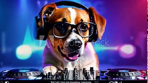 DJ dog mixes beats in a colorful party atmosphere Stock Video
