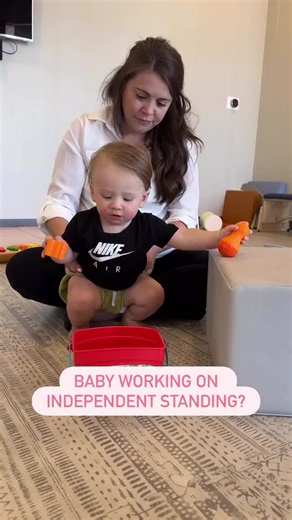 Is your baby working on independent standing? This is a fun activity to help build their balance and strength!