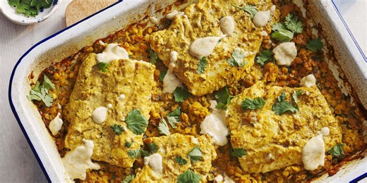 Our 5 ingredient cheats curried fish dahl traybake recipe