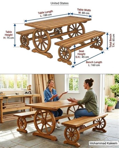 A stylish wooden picnic table set with wagon-wheel design, perfect 🍽️🌿 #OutdoorLiving #RusticDesign
