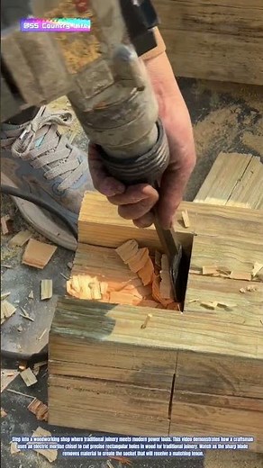 Man Using Electric Mortise Chisel to Cut Mortise in Timber
