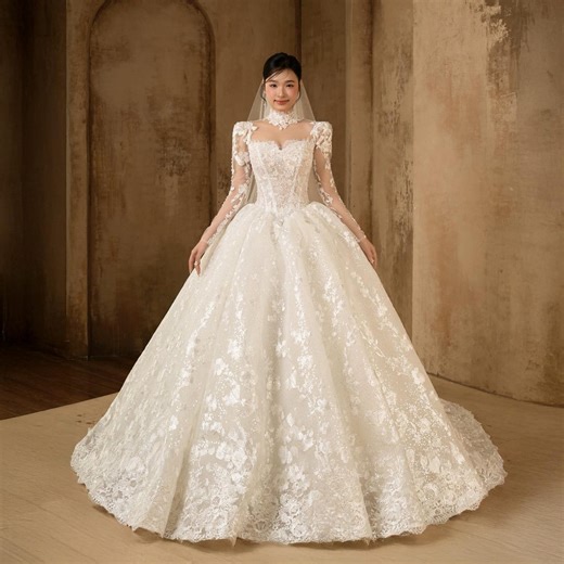 Luxury Lace Ball Gown Wedding Dress High Neck Long Sleeve Bridal Gown Princess - Etsy